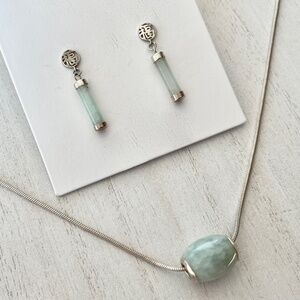 Green Jade 925 Sterling Silver Italy Barrel Slide Necklace Blessing Earring Set